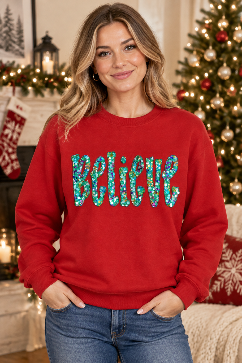 Mockup of a model wearing a red Believe sequin sweatshirt in a holiday living room