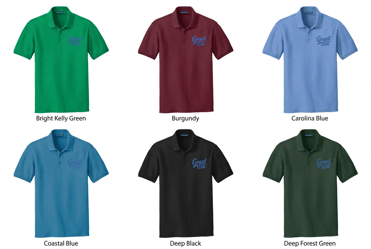 Embroidered-logo polo mockups in Bright Kelly Green, Burgundy, Carolina Blue, Coastal Blue, Deep Black, and Deep Forest Green