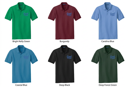 Embroidered-logo polo mockups in Bright Kelly Green, Burgundy, Carolina Blue, Coastal Blue, Deep Black, and Deep Forest Green