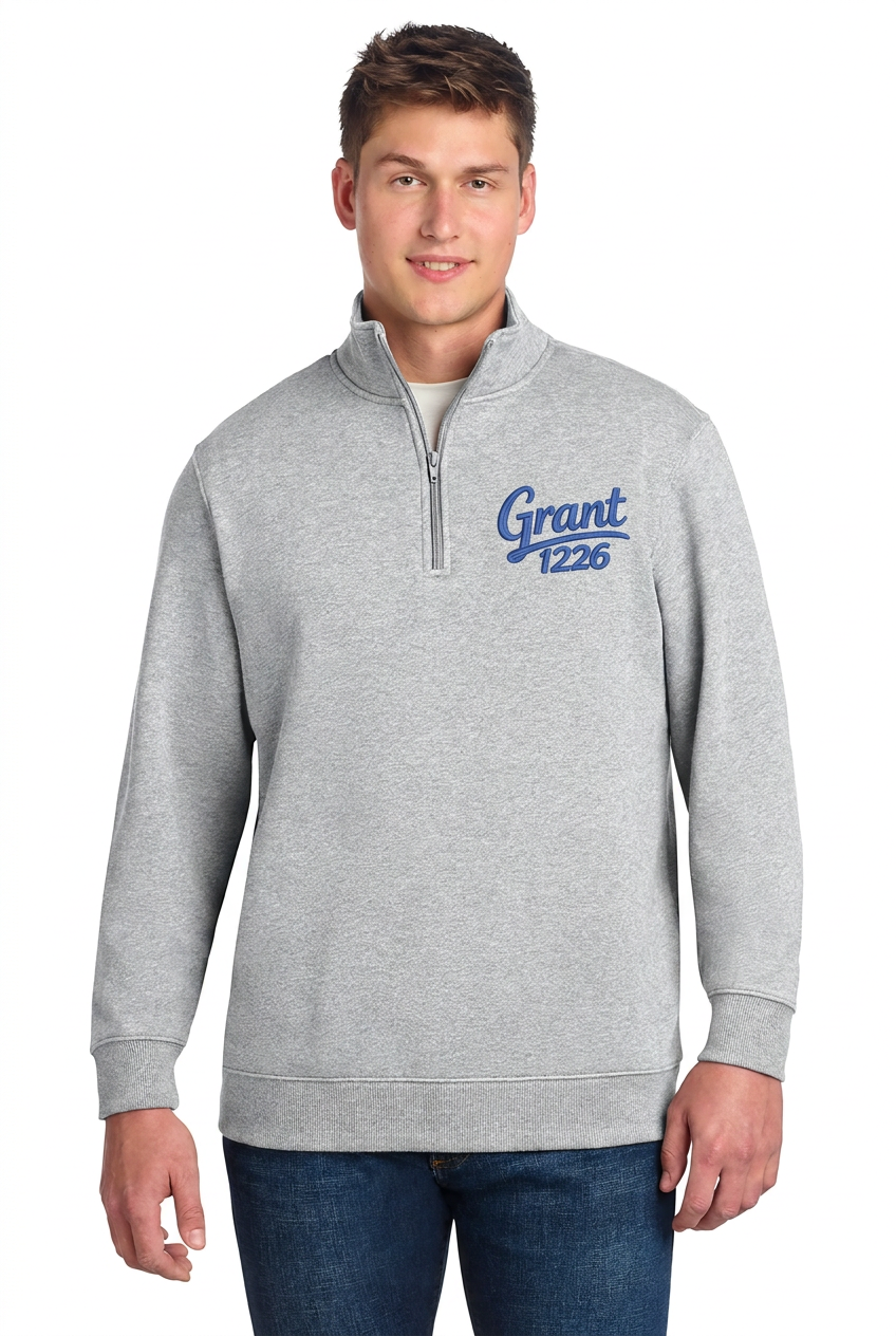 Athletic Heather quarter-zip fleece pullover mockup with blue Grant 1226 left-chest embroidery