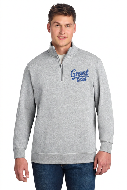 Athletic Heather quarter-zip fleece pullover mockup with blue Grant 1226 left-chest embroidery