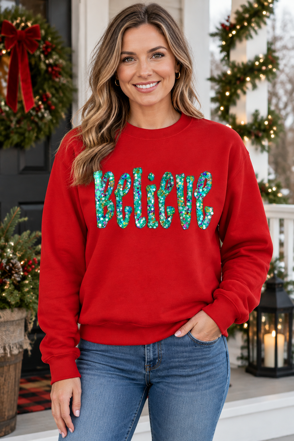 Mockup of a model wearing a red Believe sequin Christmas sweatshirt outdoors