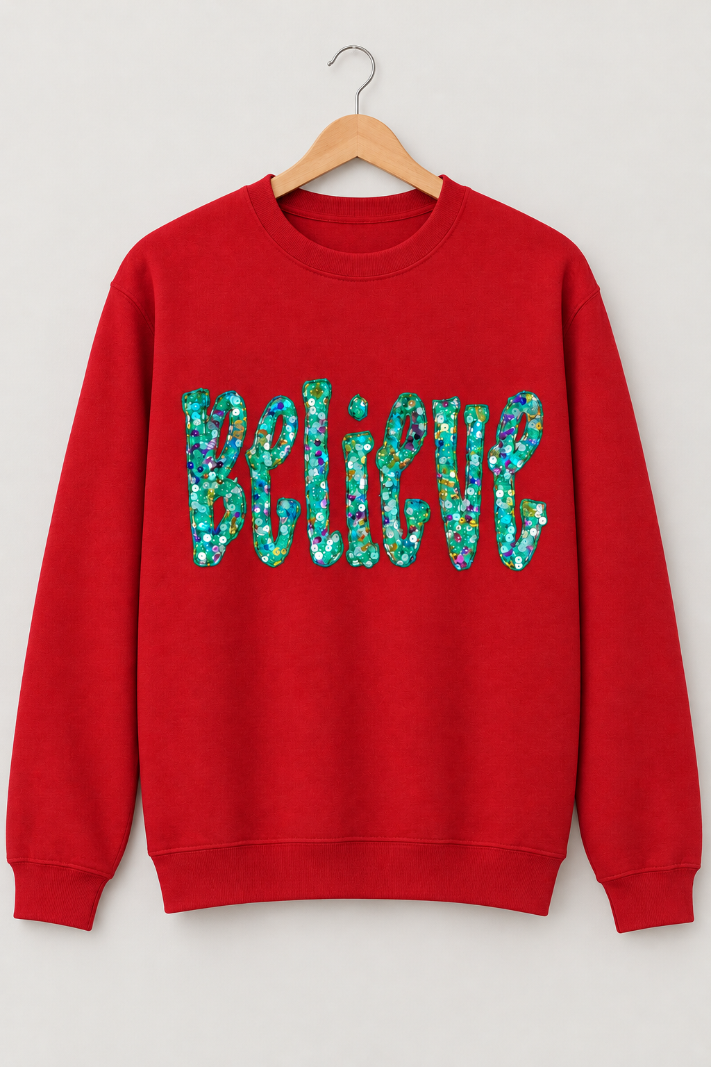 Studio hanging mockup of a red Believe sequin appliqué crewneck sweatshirt