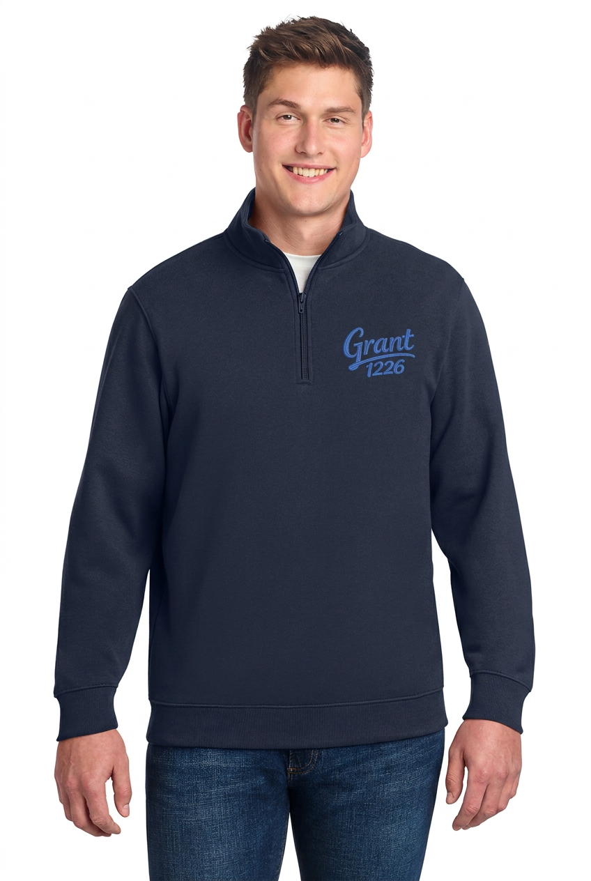 Navy Sport-Tek quarter-zip pullover mockup with blue Grant 1226 left-chest embroidery