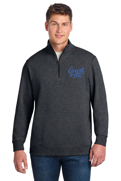 Graphite Heather quarter-zip fleece pullover mockup with blue Grant 1226 left-chest embroidery