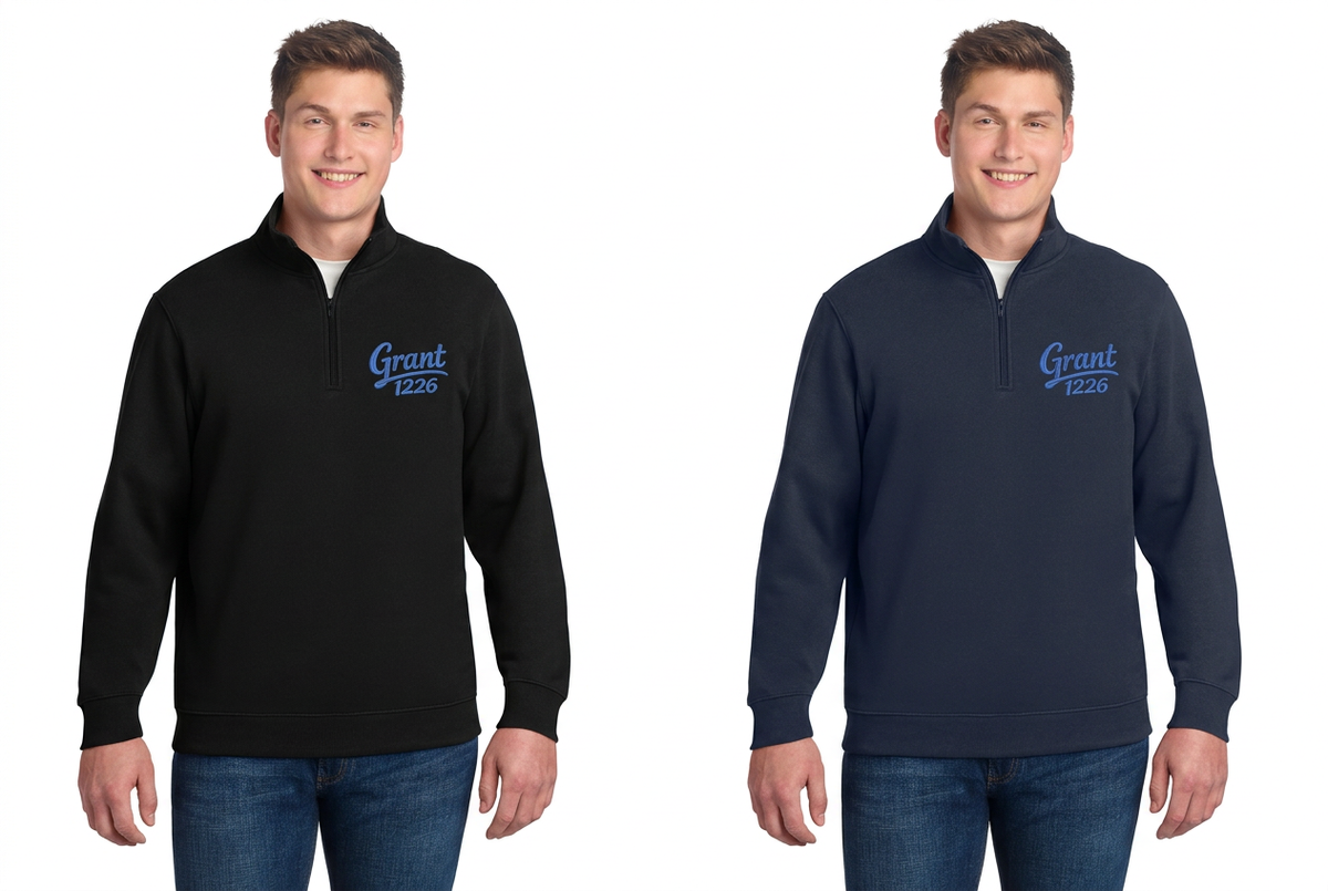 Black and navy custom embroidered quarter-zip pullover mockups shown side by side