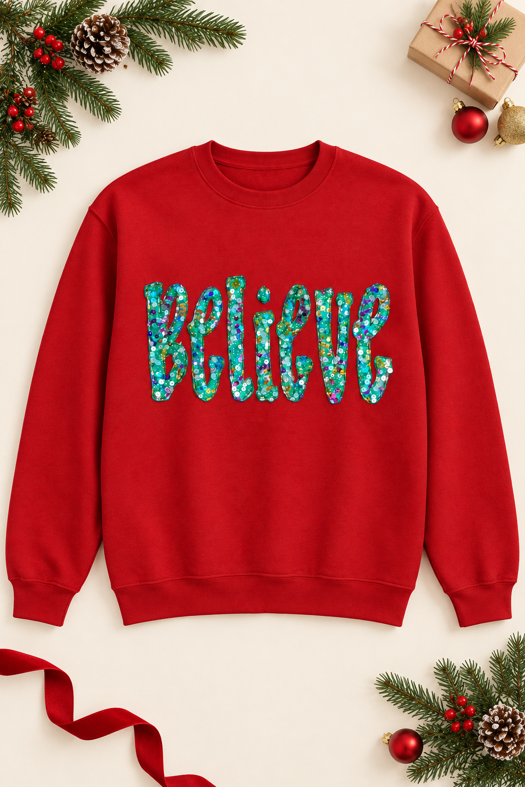 Holiday flat-lay mockup of a red Believe sequin appliqué sweatshirt with evergreen accents