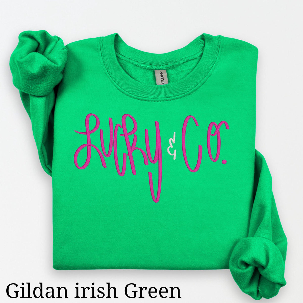 Green St. Patrick’s Day crewneck with embroidered shamrock design