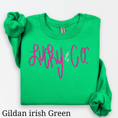 Green St. Patrick’s Day crewneck with embroidered shamrock design