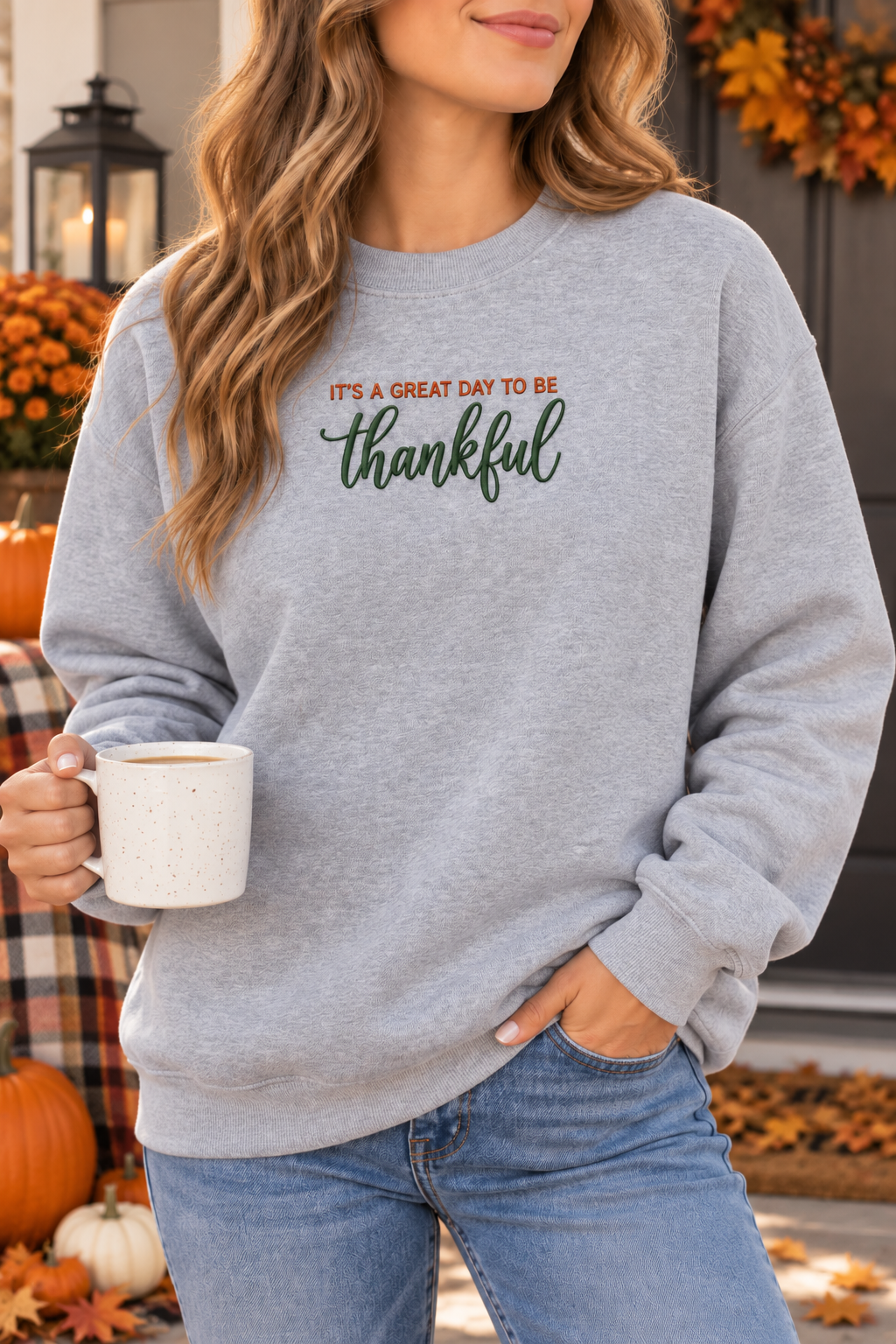 Woman wearing Sport Grey two-color thankful embroidered sweatshirt
