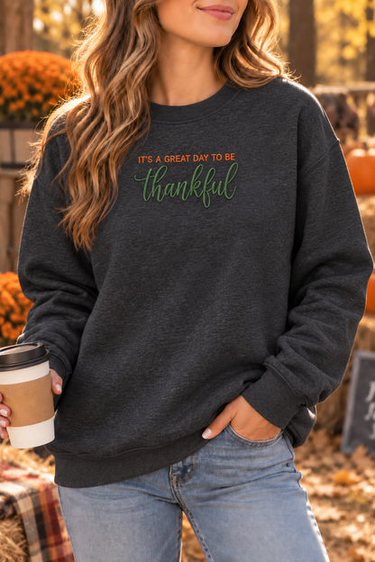 Woman wearing Heathered Black thankful embroidered crewneck
