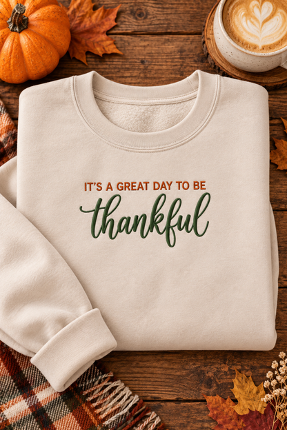 Sand thankful embroidered sweatshirt flat lay with fall accents