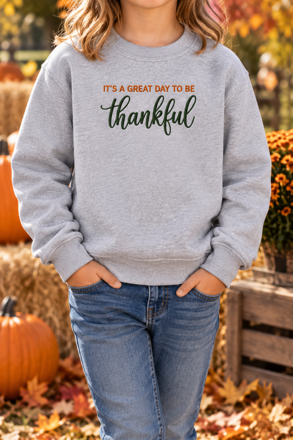 Youth Sport Grey thankful embroidered sweatshirt