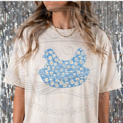 Ivory chicken applique embroidered Comfort Colors boutique shirt