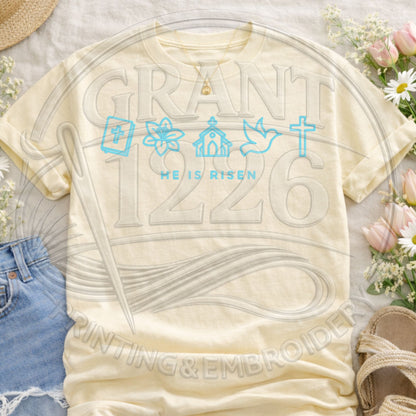 Neutral ivory Christian Easter t shirt with pastel He Is Risen church and dove icon graphic