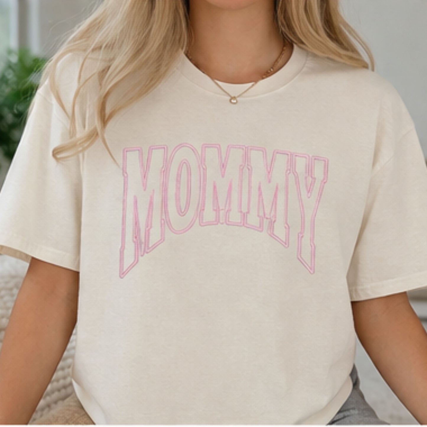 Pepper Comfort Colors mommy sweatshirt with pink puff embroidery varsity design
