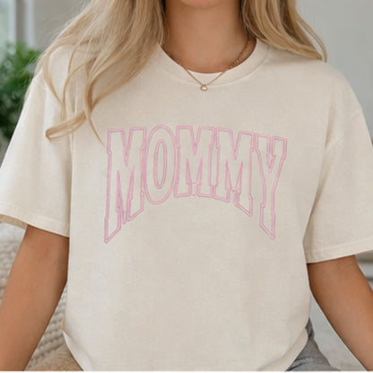 Pepper Comfort Colors mommy sweatshirt with pink puff embroidery varsity design