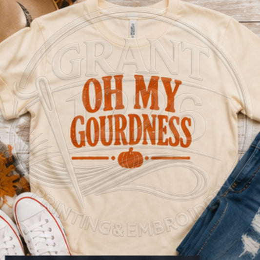 Ivory Oh My Gourdness pumpkin shirt with orange fall graphic and autumn outfit styling