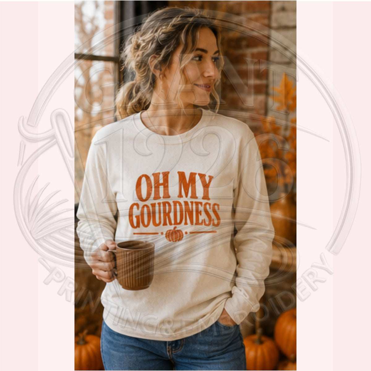 Woman wearing ivory Oh My Gourdness Comfort Colors long sleeve fall shirt