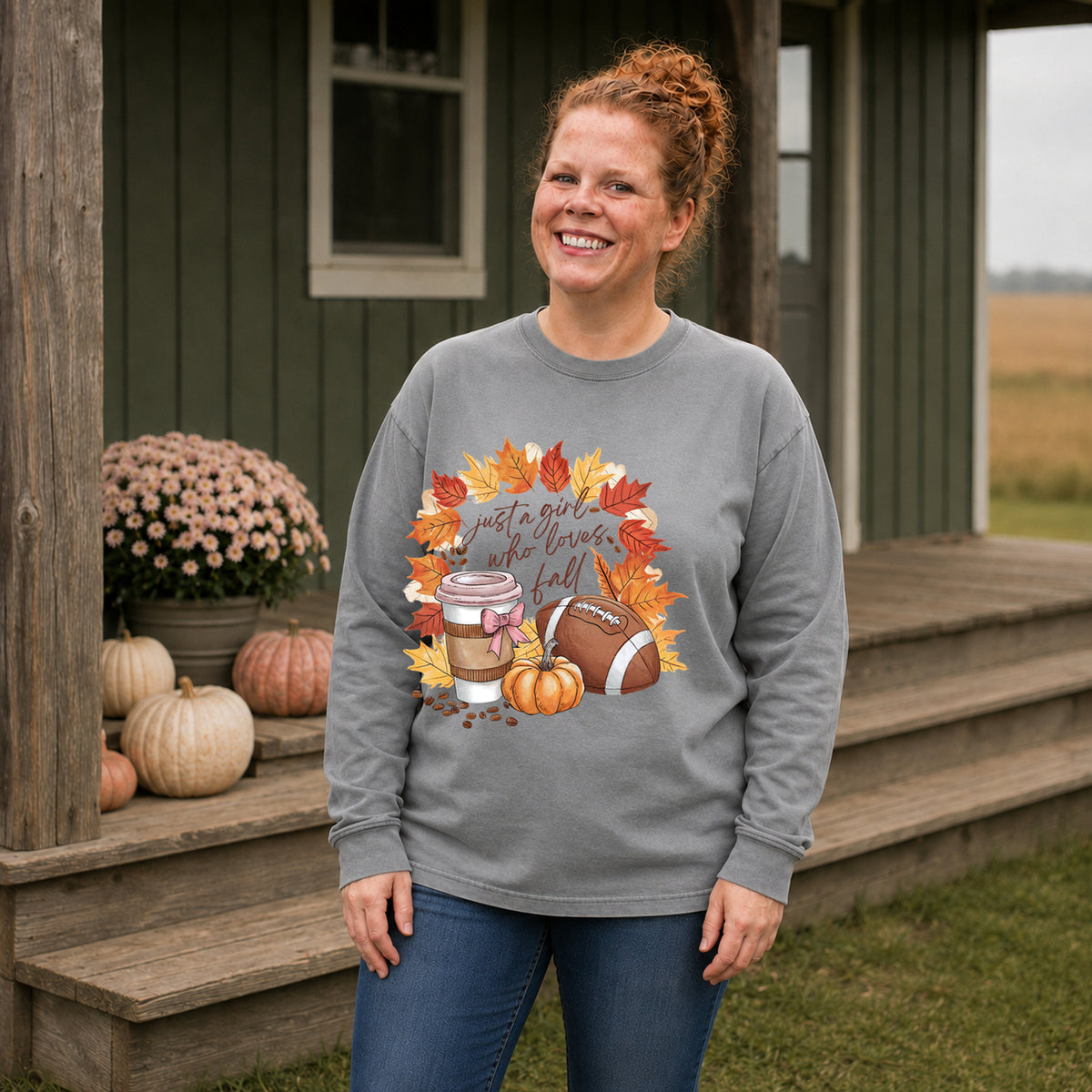 Grey Comfort Colors long sleeve Just a Girl Who Loves Fall shirt modeled outdoors