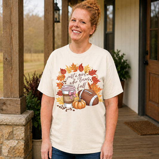 Just a Girl Who Loves Fall Comfort Colors ivory short sleeve shirt with coffee, football, pumpkin and autumn leaves