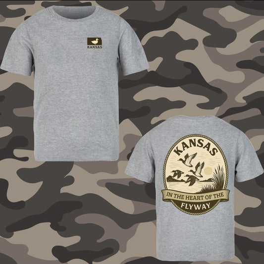 Kansas In the Heart of the Flyway duck hunting shirt with left chest and full back print