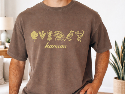 Brown Kansas embroidered Comfort Colors shirt modeled indoors