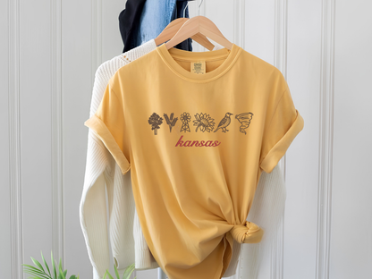 Mustard Comfort Colors shirt embroidered with Kansas symbols and state name