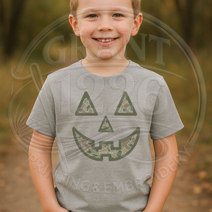 Child wearing Sport Grey camouflage jack-o-lantern Halloween shirt