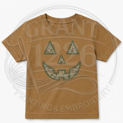 Coyote Brown toddler camouflage jack-o-lantern Halloween shirt flat lay