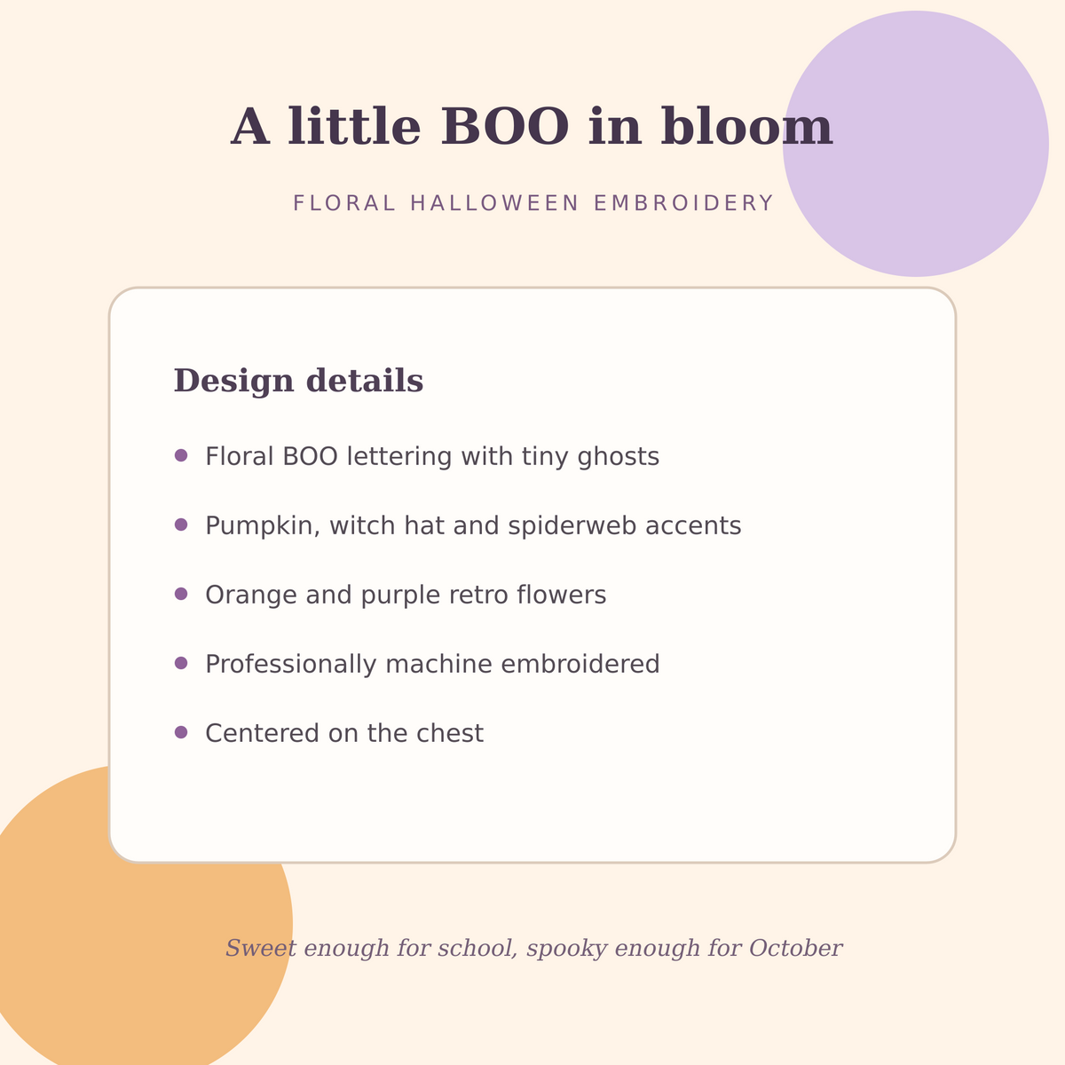Design details for the kids floral BOO embroidered Halloween sweatshirt with ghosts, pumpkin, witch hat, spiderweb and orange-purple flowers