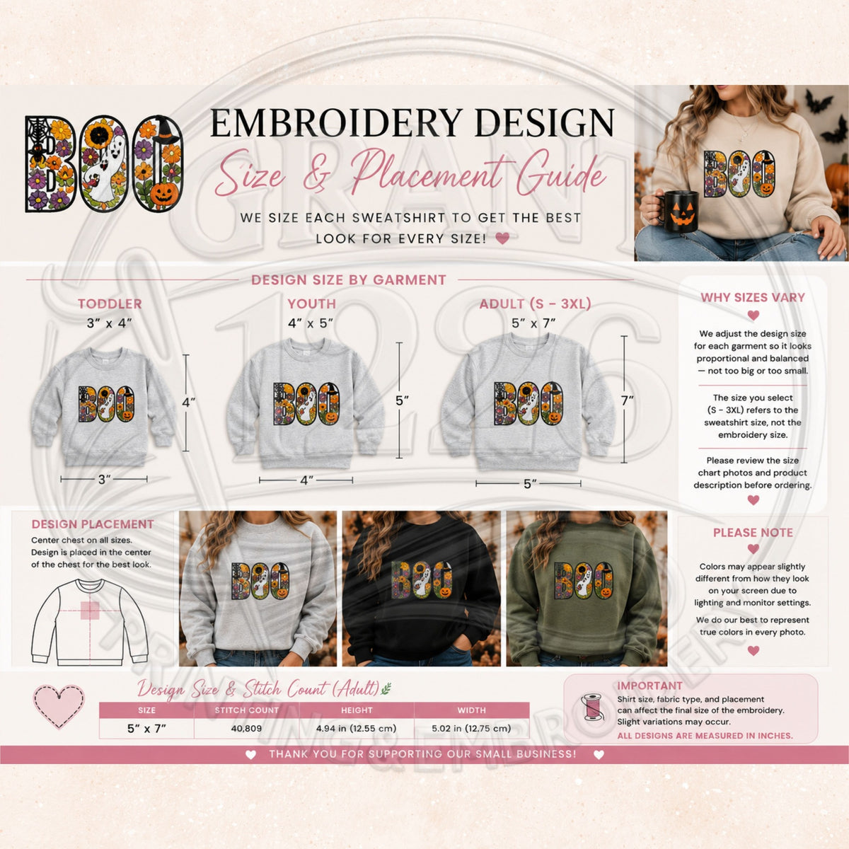 Floral BOO embroidery size and center-chest placement guide showing toddler and youth measurements