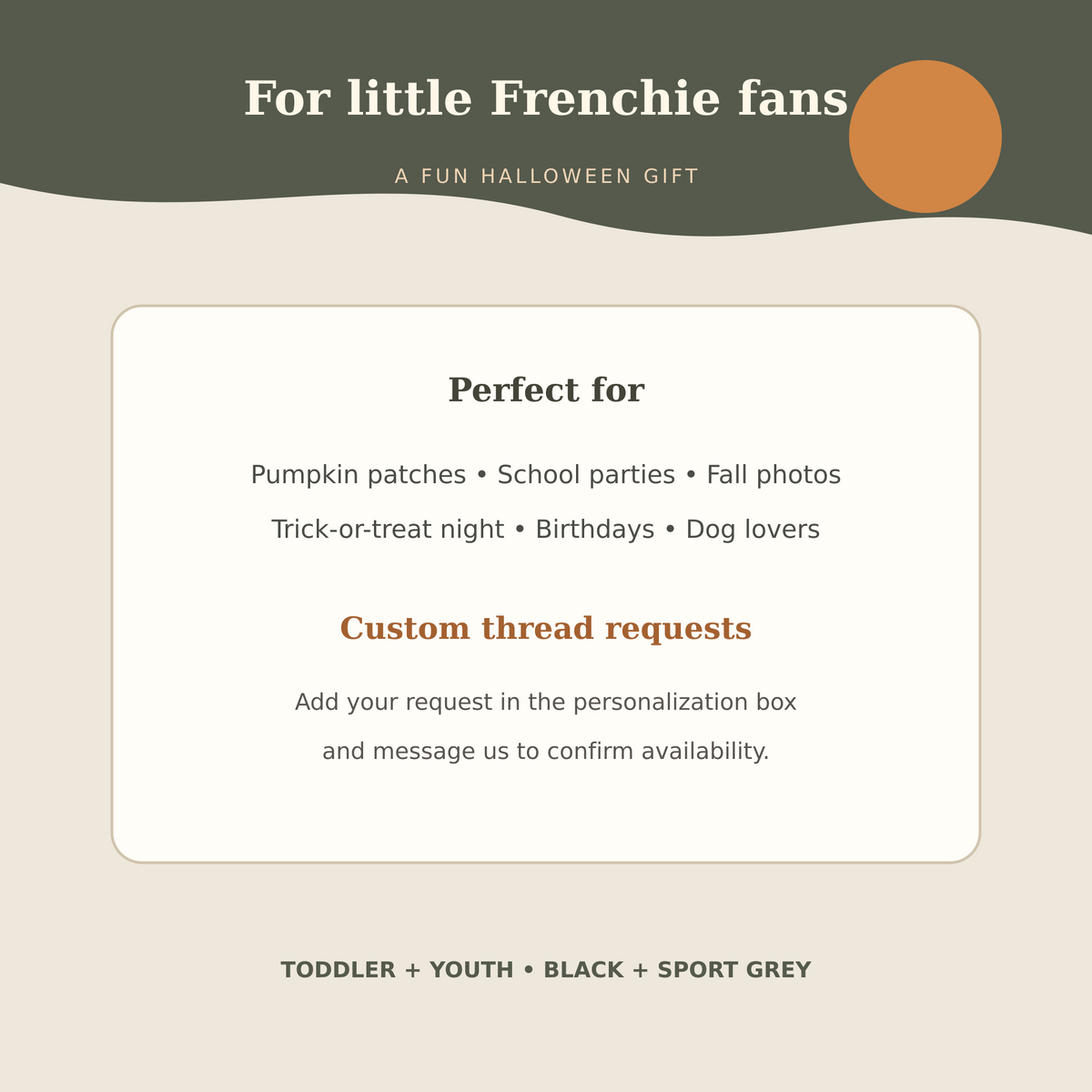 Halloween gift ideas and custom thread request guide for the kids Frenchie pumpkin sweatshirt