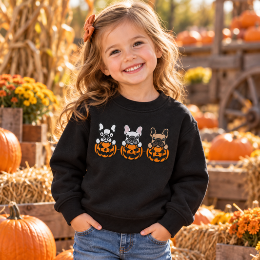 Girl wearing Black toddler sweatshirt with raised embroidered French bulldog pumpkin design at a pumpkin patch