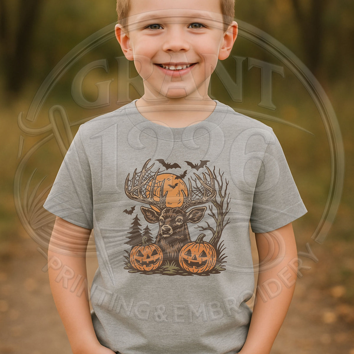 Child wearing heather gray deer and jack-o-lantern kids Halloween T-shirt