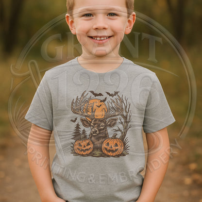 Child wearing heather gray deer and jack-o-lantern kids Halloween T-shirt
