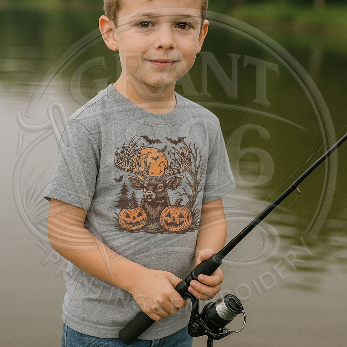 Child wearing gray deer and pumpkin Halloween T-shirt outdoors