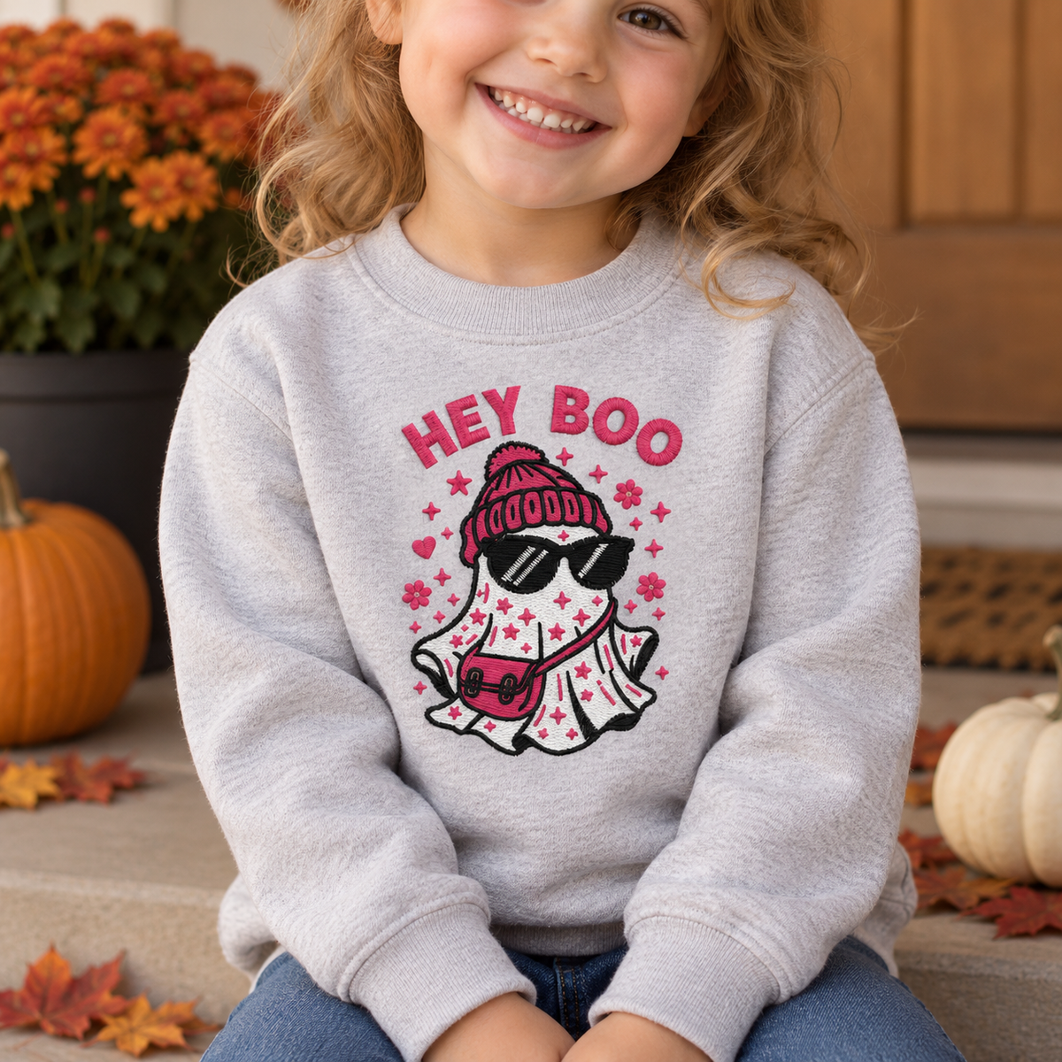 Child wearing an ash sweatshirt with centered pink and black Hey Boo ghost embroidery