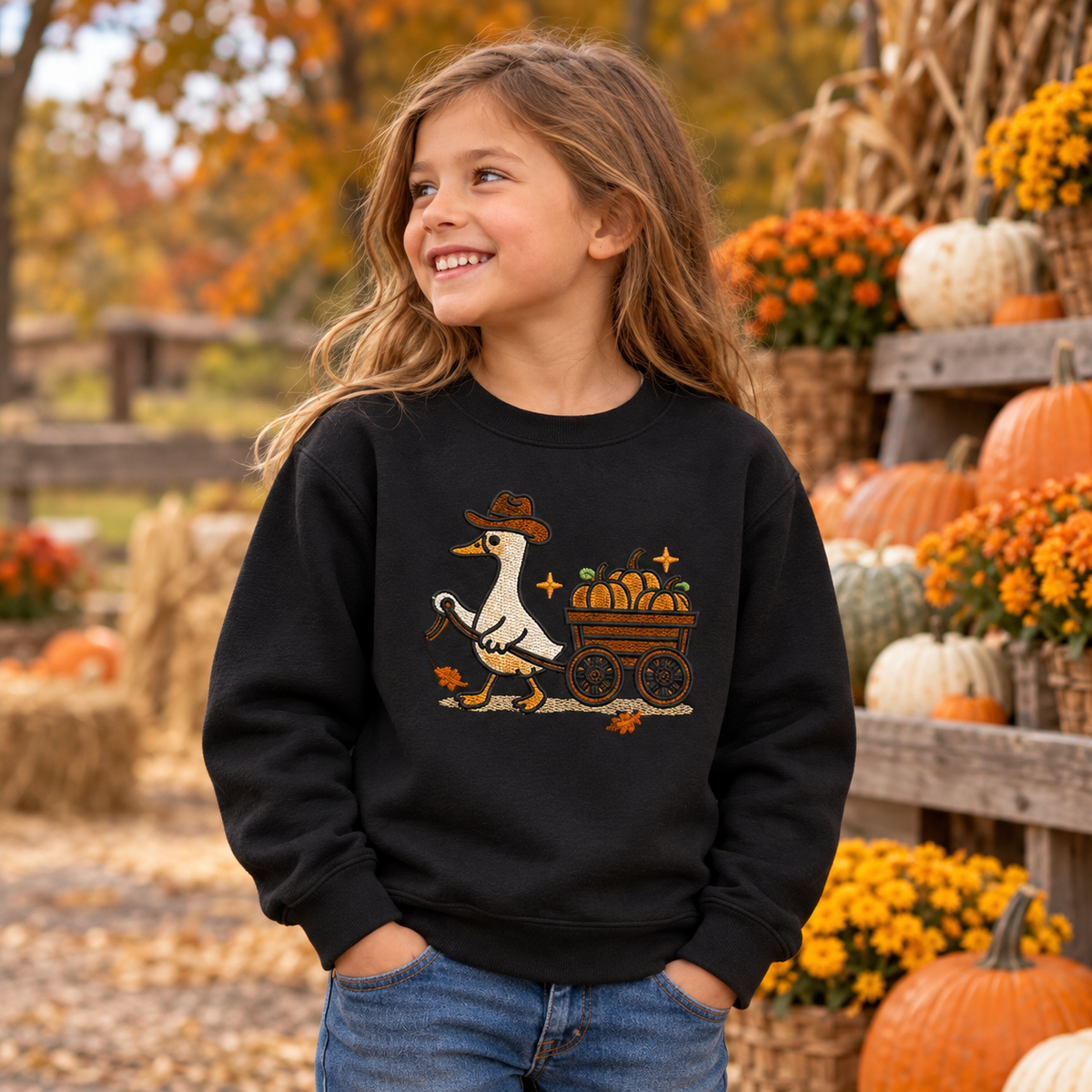 Girl wearing Black youth sweatshirt with raised embroidered pumpkin wagon goose at a fall farm stand