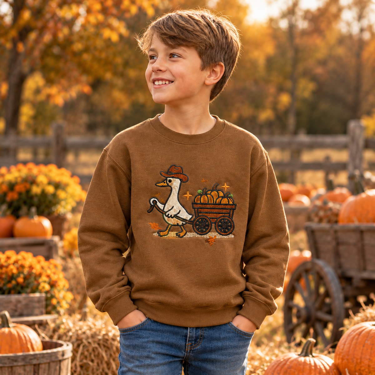 Boy wearing Coyote Brown youth sweatshirt with raised embroidered pumpkin wagon goose at a pumpkin patch