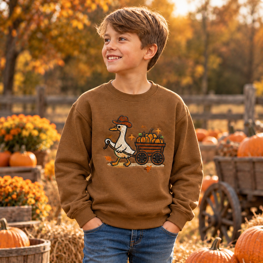 Boy wearing Coyote Brown youth sweatshirt with raised embroidered pumpkin wagon goose at a pumpkin patch
