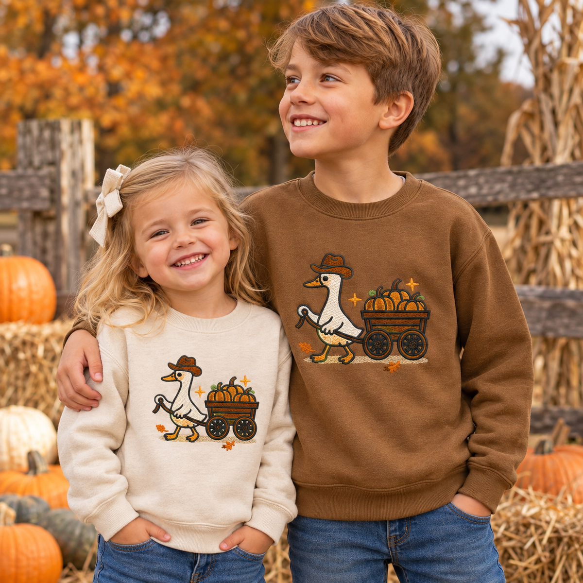 Toddler and youth siblings wearing Natural and Coyote Brown pumpkin wagon goose embroidered sweatshirts