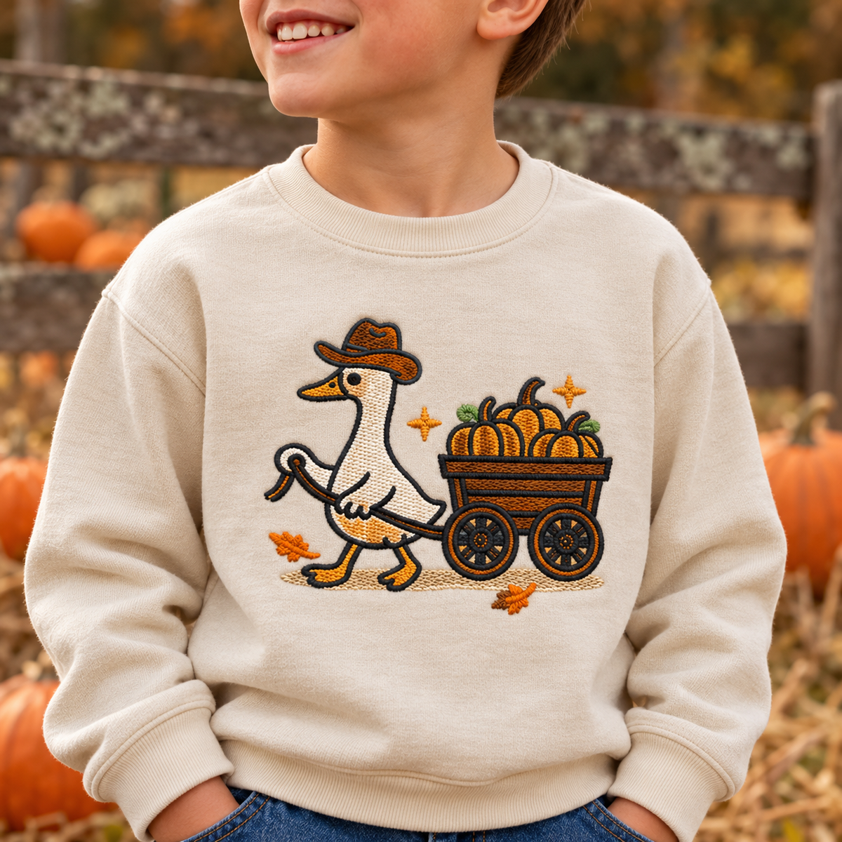 Close-up raised embroidery detail of pumpkin wagon goose on Natural toddler sweatshirt