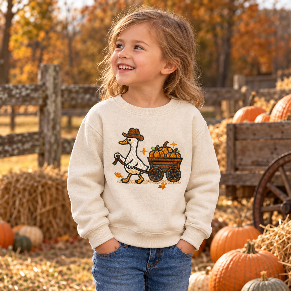 Toddler wearing Natural sweatshirt with raised embroidered pumpkin wagon goose at a pumpkin patch