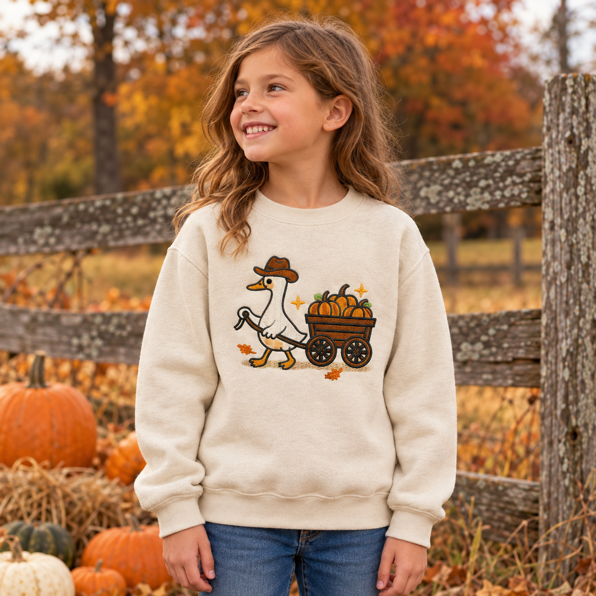 Girl wearing Natural youth sweatshirt with raised embroidered pumpkin wagon goose at a pumpkin patch