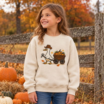 Girl wearing Natural youth sweatshirt with raised embroidered pumpkin wagon goose at a pumpkin patch