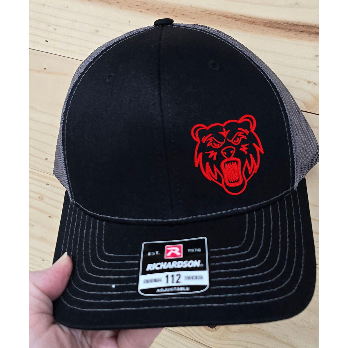 Labette County Grizzlies black Richardson 112 hat with red embroidered mascot