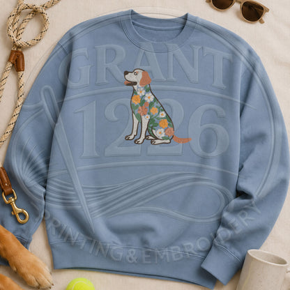 Stone blue Labrador Retriever sweatshirt with floral embroidery displayed with dog leash and pet accessories.