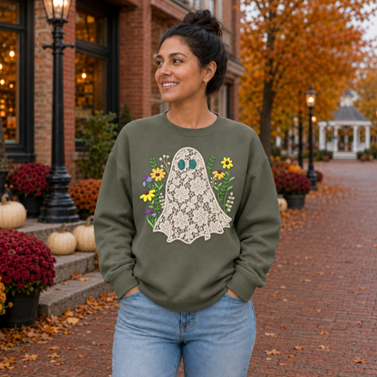 Military green sweatshirt with ivory lace ghost appliqué and colorful wildflower embroidery