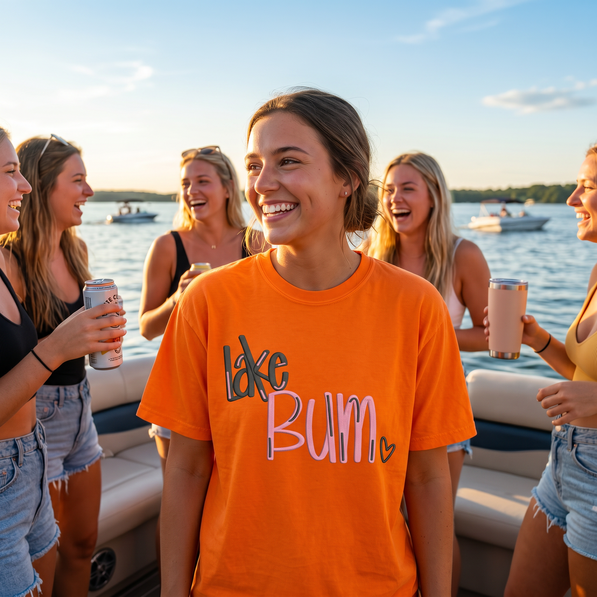 Woman wearing orange embroidered Lake Bum graphic tee on boat with friends during summer